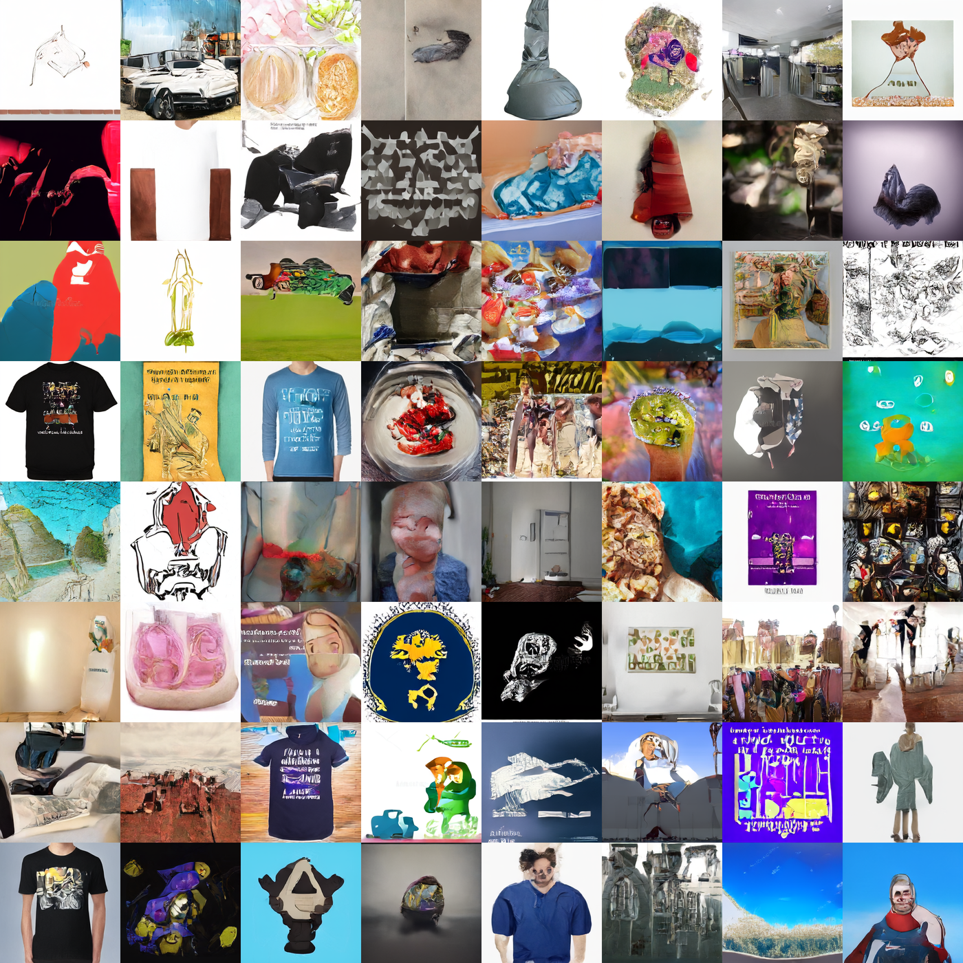 What the model draws: the 8x8 held-out generation grid from the Stage-1 checkpoint, 64 prompts never seen in training, sampled from pure noise. Recognisable cars, garments, food and interiors with structural distortion and garbled text — the honest state of the image model, shown before any number.
