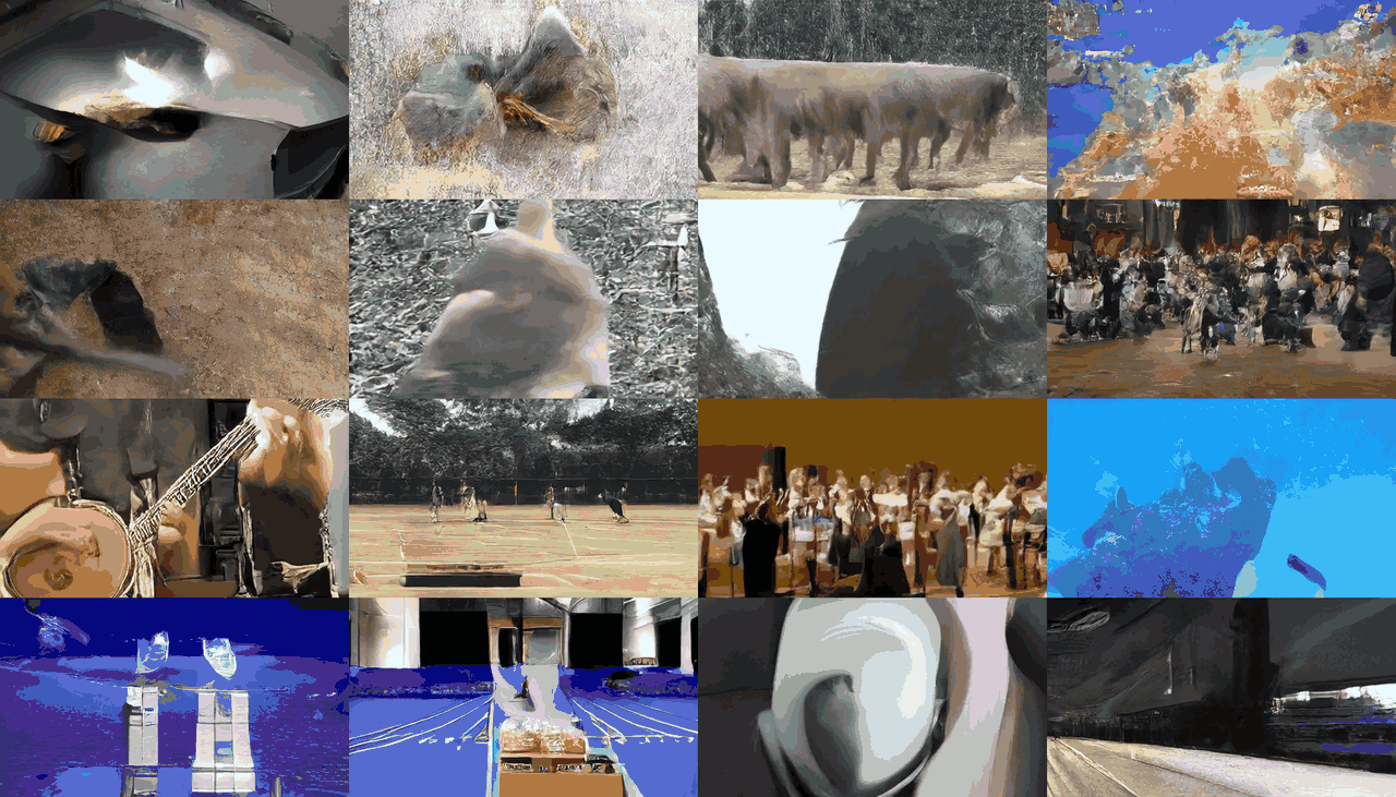 The final 4x4 grid, seed one at step 36,048 and cfg 3.0: video-like but mostly not on-prompt, passing 0 to 1 of 16 cells under the strict gate. People-scenes render while animals, fire, water and machines do not, regardless of how much data the class has.
