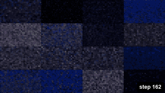 The 16-prompt grid for seed one (cfg 1.0) as an animated timelapse from step 162 (noise) to step 36,048 (scene-like structure). Pictures decide in this project; the grid is graded cell by cell for a persistent, moving, on-prompt subject.